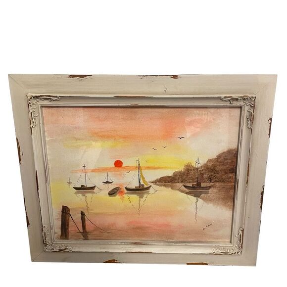 Vintage Signed Watercolor Sailboats Distressed Frame 17.5" X 14" - Picture 3 of 4